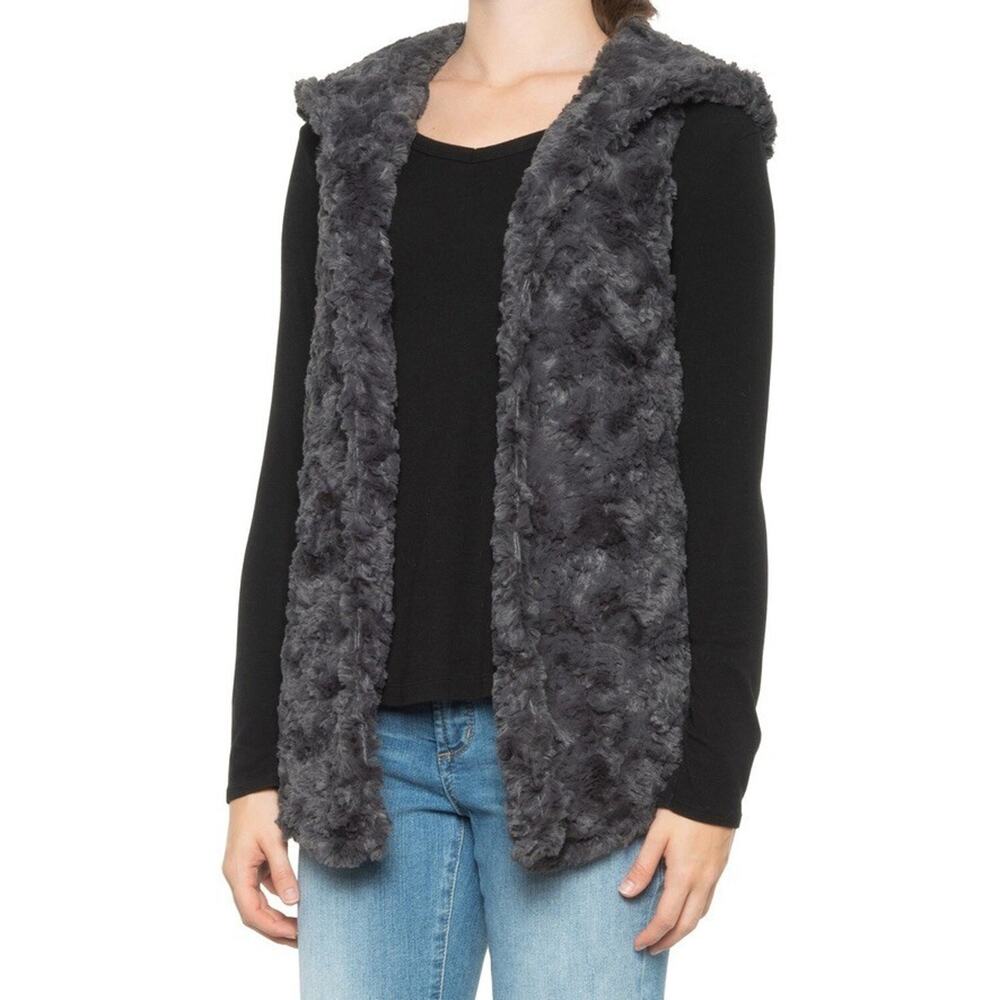 Dylan Vest Size Medium Black Classic Silky Faux Fur Hooded Vest Open Front